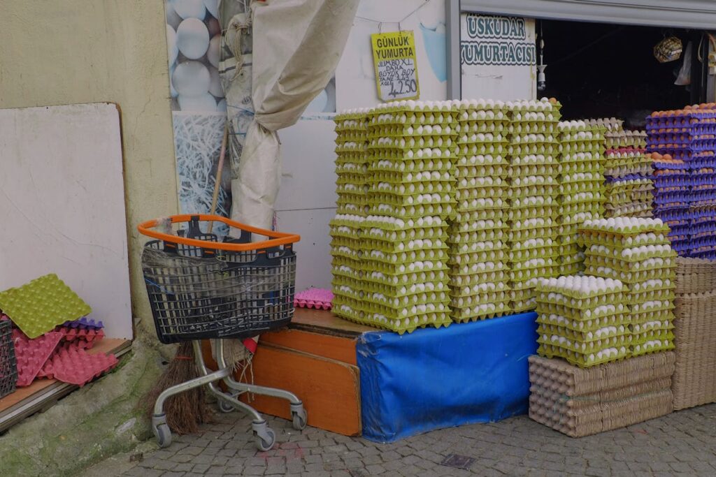 Stacks of egg trays at a street market in Istanbul, Türkiye.