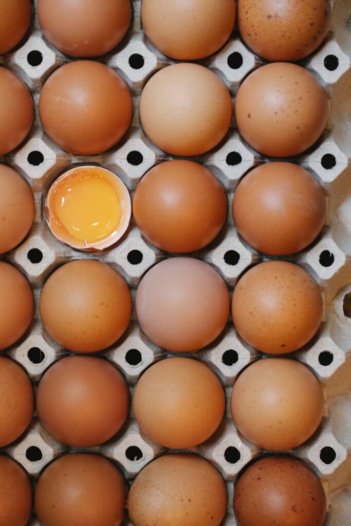 Top view of brown eggs in a carton with one egg cracked open.